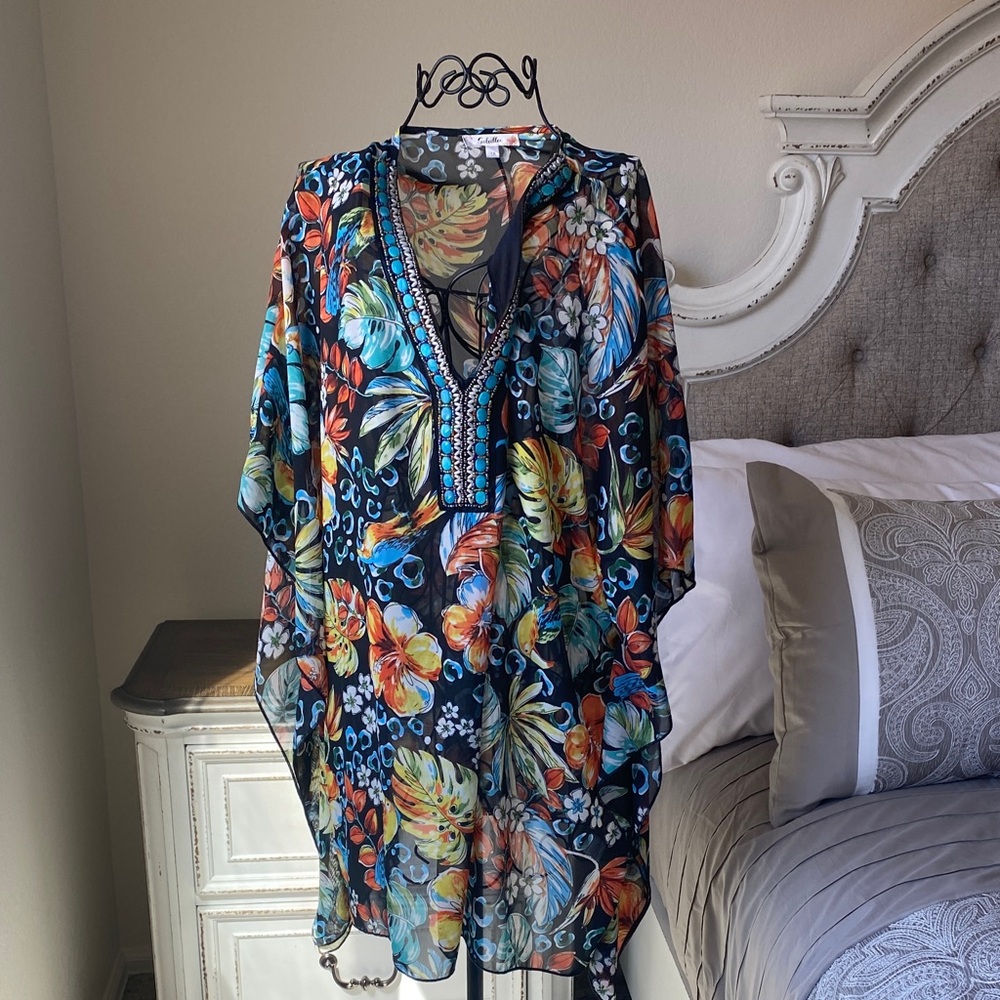 Colorful Tropical Floral Kaftan Tunic - Navy Base